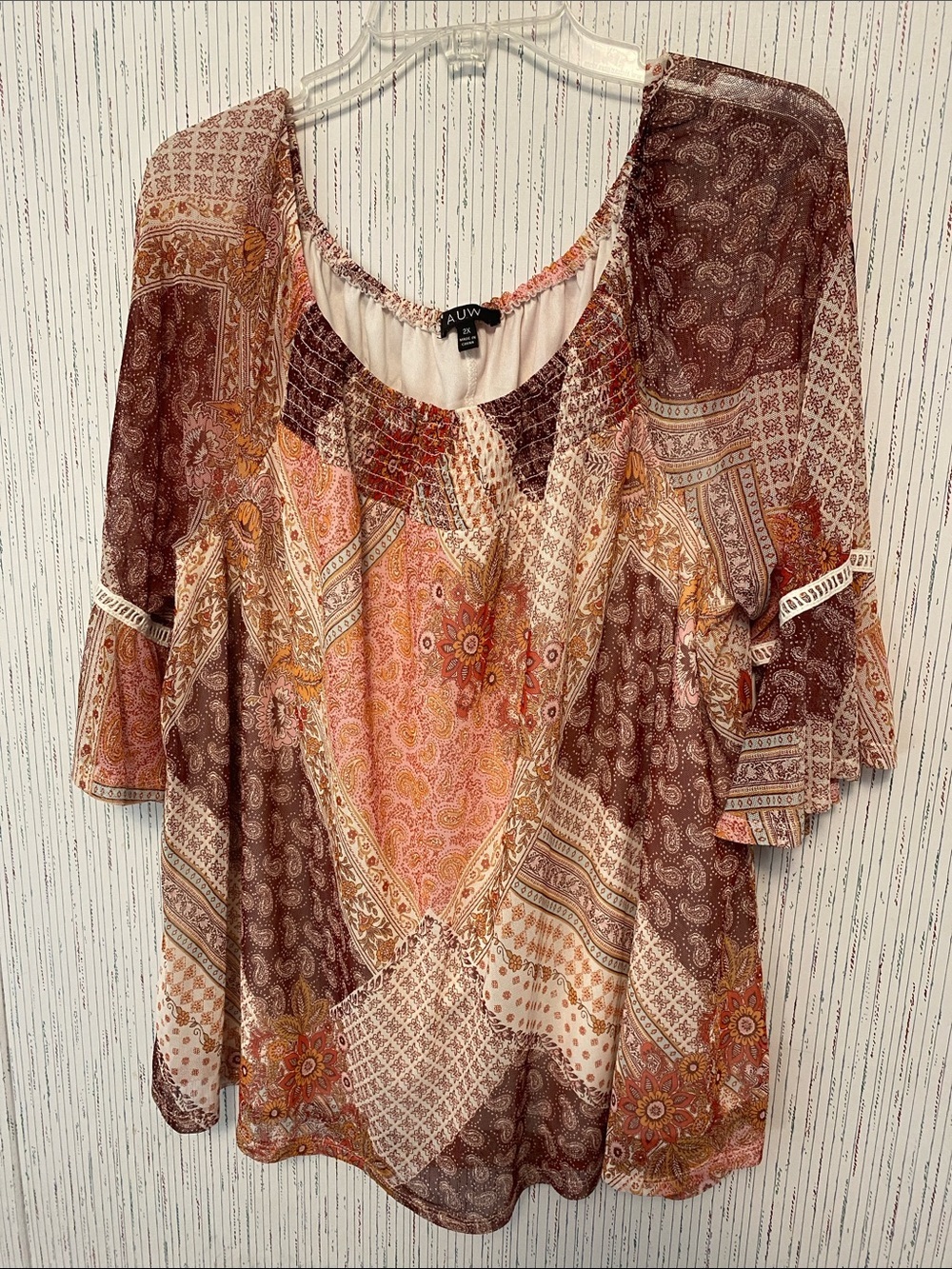 AUW Patchwork Peasant Tunic in Brown & Pink Paisley Motifs Size 2X Blouse
